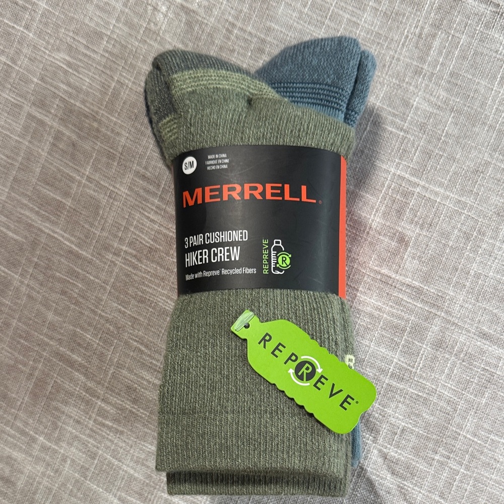 Women's Merrell Cushioned Hiker Crew Socks 3 Pair Olive Teal Black NWT Repreve